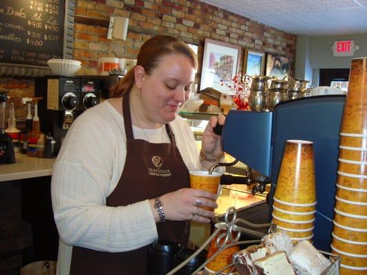 making our scrambled eggs on our espresso machine for our delicious breakfast sandwiches