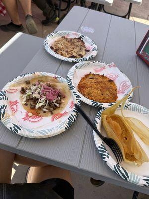 Carne asada taco, tamales, small caramelo, queso birria. Yum!!!!