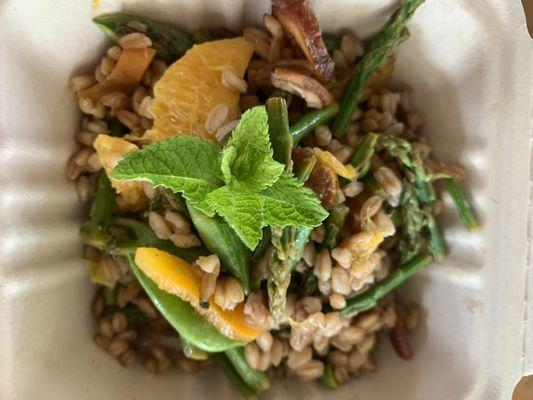 Wedding Picnic baskets: Summer Farro Salad with Fresh snap peas, asparagus, DAtes, and mint in a citrus vinaigrette