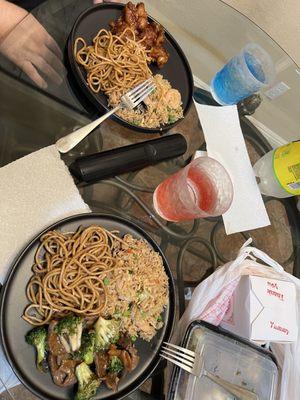 plain chow mein, Beef Broccoli, shrimp fried rice, & Crispy Orange Chicken