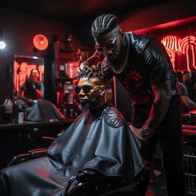 Immerse yourself in the lively atmosphere of our Miramar barbershop, with a red wall backdrop adding a touch of vibrancy to your grooming