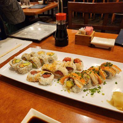 Happy hour sushi rolls: cajun crawfish, spicy tuna, shaggy dog