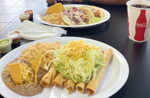 chicken flautas, chicken tacos, Two Fish Tacos