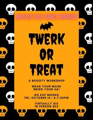 This Friday! Twerk or Treat, in person or virtually at Impulse Pole Dance.