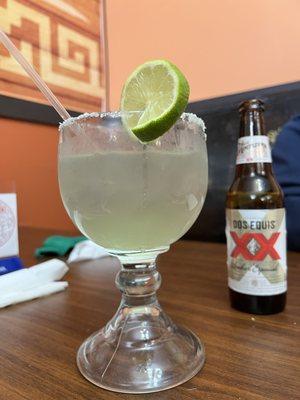 Drinks - Medium house margarita on the rocks and Dos Equis beer.