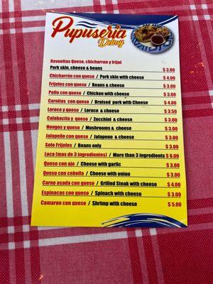 Pupusa menu