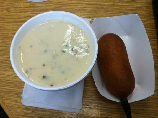 Baked potato soup; small corn dog