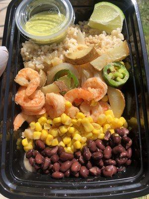 Shrimp burrito bowl (cheese isn't included in the picture)