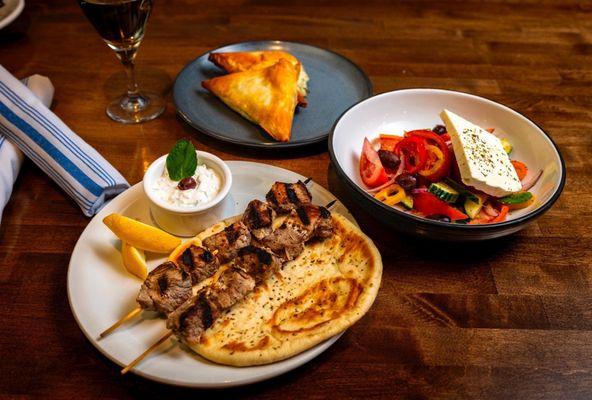 Spanakopita, Pork Souvlaki, and Horyatiki Salad