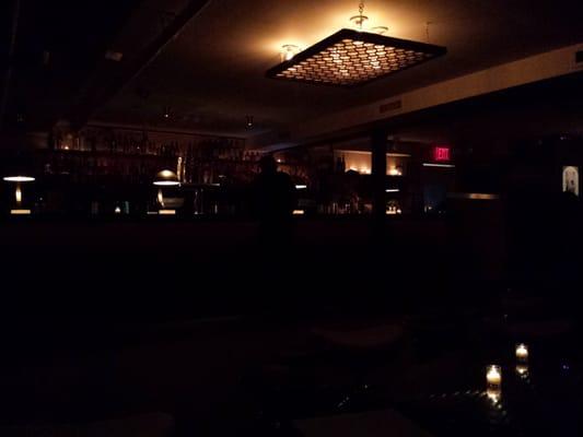 The place is dark. Bar area.