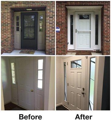 New custom front entry door system with a self storing screen door on an older house in New Albany.