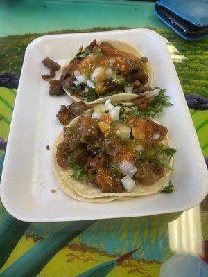 Delicious tacos tripas and carne asada