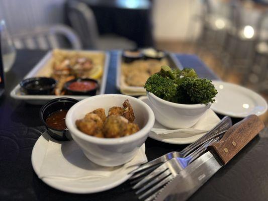 Appetizer meal: Crab Claws, Bacon and Pimento Cheese Bombs, & Fried Green Tomatoes