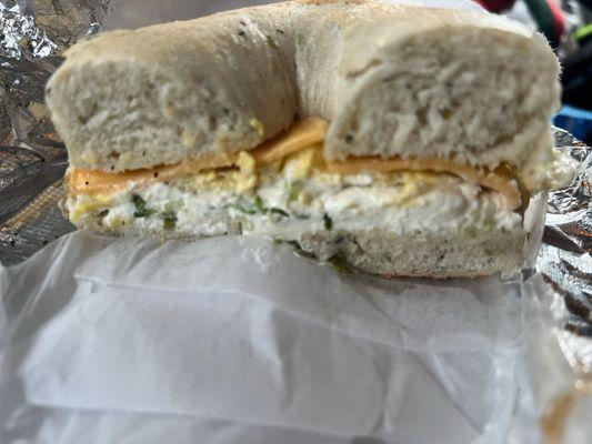 Spinach bagel with egg and cheese and scallion cream cheese. Very tasty! Quick service.