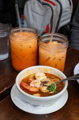 Thai Iced Tea & Tom Yum Soup (small bowl with shrimp)