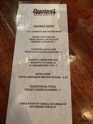 Dessert menu