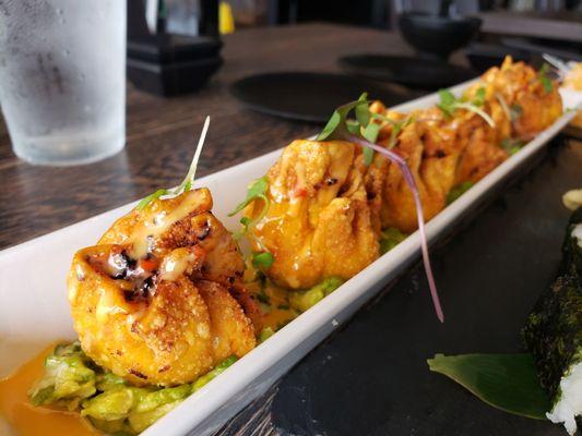 These are the AMAZING tuna dumplings, hand made! I absolutely love the avocado bed that each dumpling sits on.