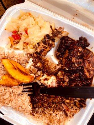 Jerk Regular Chicken Tender Dinner W/Rice & Peas and Cabbage