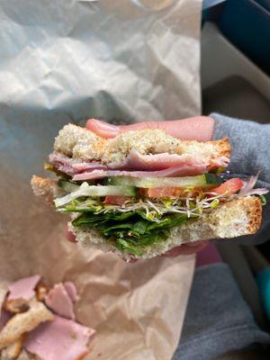 Build your own with GF bread all the veggies, ham, and pesto. Had to take out some ham to make it car friendly.