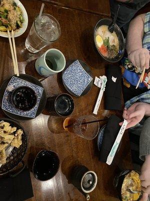 Tonkotsu Ramen, Katsu Don Rice, tempura mushrooms, Spicy Cucumber