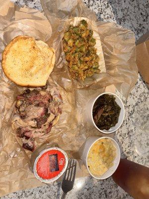 Pulled Pork sandwich, 3-Cheese Baked Mac, Collard Greens with Pork and Fried Okra