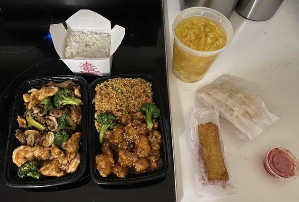 S9. Hunan Triple and D7. Sesame Chicken Dinner Combo. 19. Quart of Wonton Egg Drop Soup