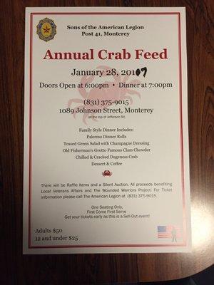 Annual Crab Feed is Saturday Night January 28 2017 Starting at 1800