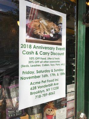 Acme Pet Food Inc. will mark its 33rd Anniversary! Nov.16th, 17th & 18th Stop by for Cash&Carry Discounts!