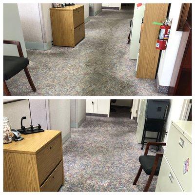 Carpet cleaning. This is a "Before & After" of a commercial carpet cleaning project we did in April 2021. Looks like a new floor!