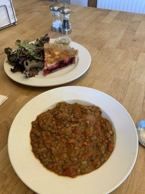 Lentil and sausage soup Beer, goat cheese, onion quiche w greens