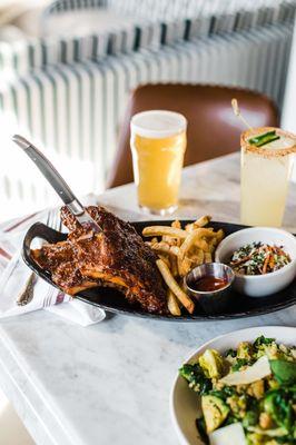 36-Hour Pork Ribs with Fries & Crispy Brussels Sprouts.