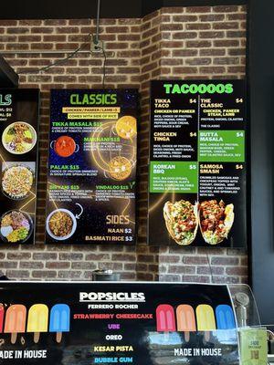 Menu screens. Tacos and pizza Indian fusion. Sweet.