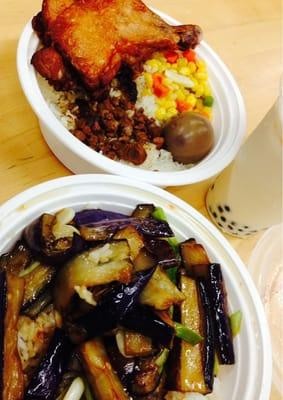 Lunch plates, eggplant and fried chicken with rice nd bubble tea yayyyyy