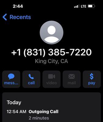 Screenshot of my call, with time stamp and duration