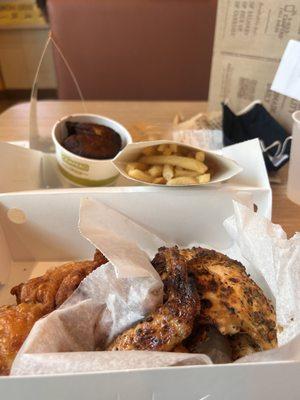 $18+ for a 4 piece Meal half grilled half fried chicken with two sides included. No drink.