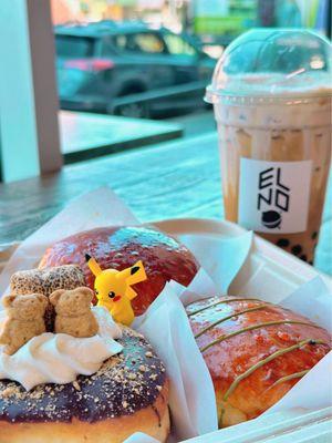 NEW S'mores donut with regular Creme Brulee donut and matcha Brulee donut. Salt with Brulee topping & brown sugar boba IG: @ammysalamii