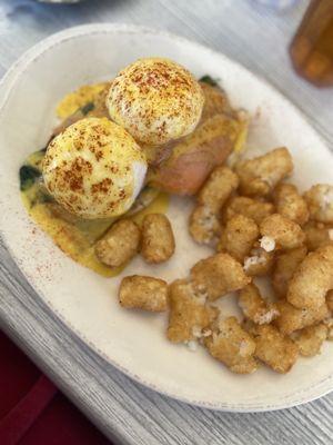 Salmon Benny with Tots