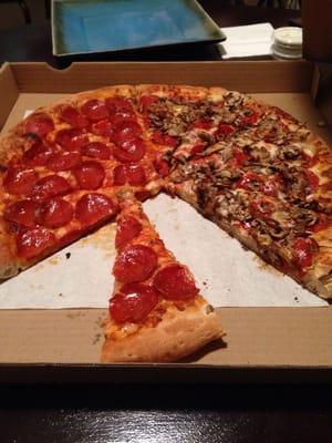 Extra large half pepperoni and half mushroom