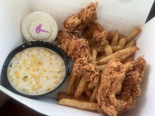 3 piece tenders with cream of corn and ranch dipping sauce