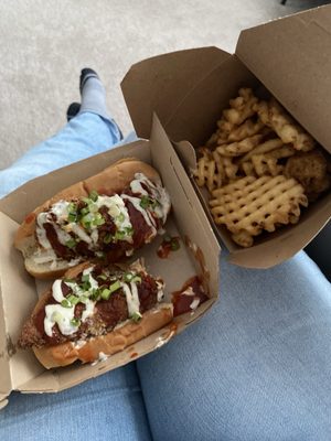 Chicken dogs and waffle fries