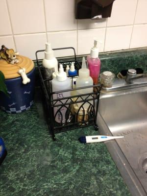 Medicine bottles by sink and infamous thermometer