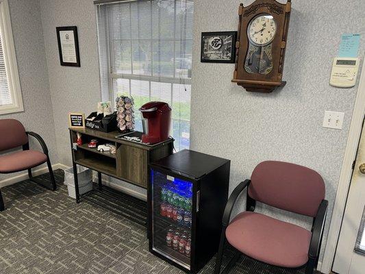 This is a nice waiting area that recently was vastly improved with the addition of a new Keurig coffee maker!