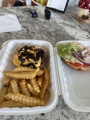 Mushroom Burger with French Fries.