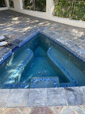 Remodeled spa. R/R skimmer & tiles due to ficus roots cracking spa structure & replastered w/Tropics Blue pebble w/glass beads