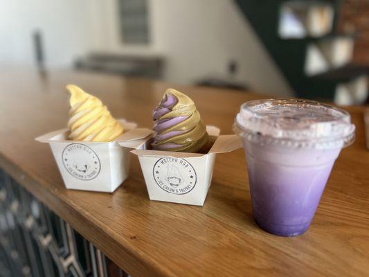 Dole whip & Horchata Swirl (left, vegan), Ube and Hojicha Swirl (middle) and Ube Cream Soda