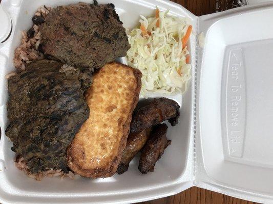 Carne asada with gallo pinto, sweet plantains and fried cheese