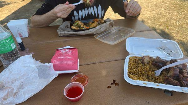 Bourbon Chicken, House Fried Rice, Bean Curd W. Mixed Vegetables, Fried Cheese Wonton (8) (crab Rangoon), chicken on stick in the bag