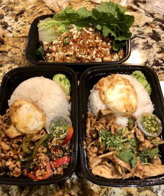 Crispy rice salad (top), Ka Pow chicken (left) and Garlic chicken (right).