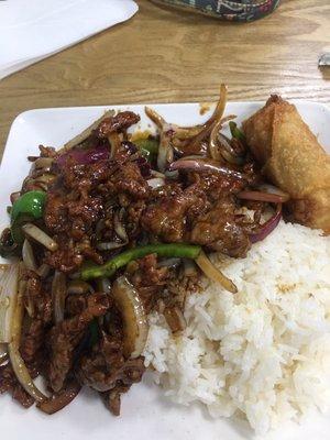 Mongolian Beef, white rice and egg roll