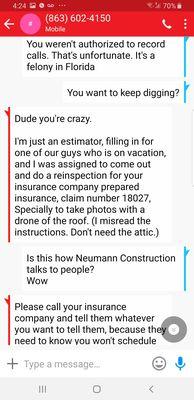 The messages with the vertical red line are from Thomas Lutz of Neumann Construction and Roofing